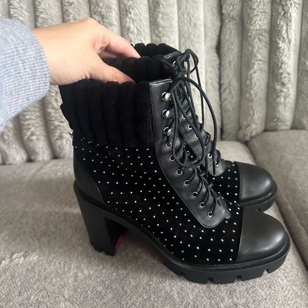 Christian Louboutin Black Studded Lace Up Boots - Picture 3 of 4